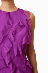 Model wearing Mia Sheer Party Mini Dress In Purple close up shot