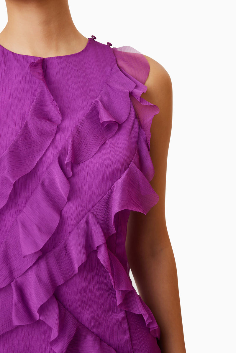 Model wearing Mia Sheer Party Mini Dress In Purple close up shot