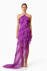 Model wearing Mia Halterneck Maxi Gown In Purple front shot