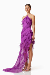 Model wearing Mia Halterneck Maxi Gown In Purple side shot