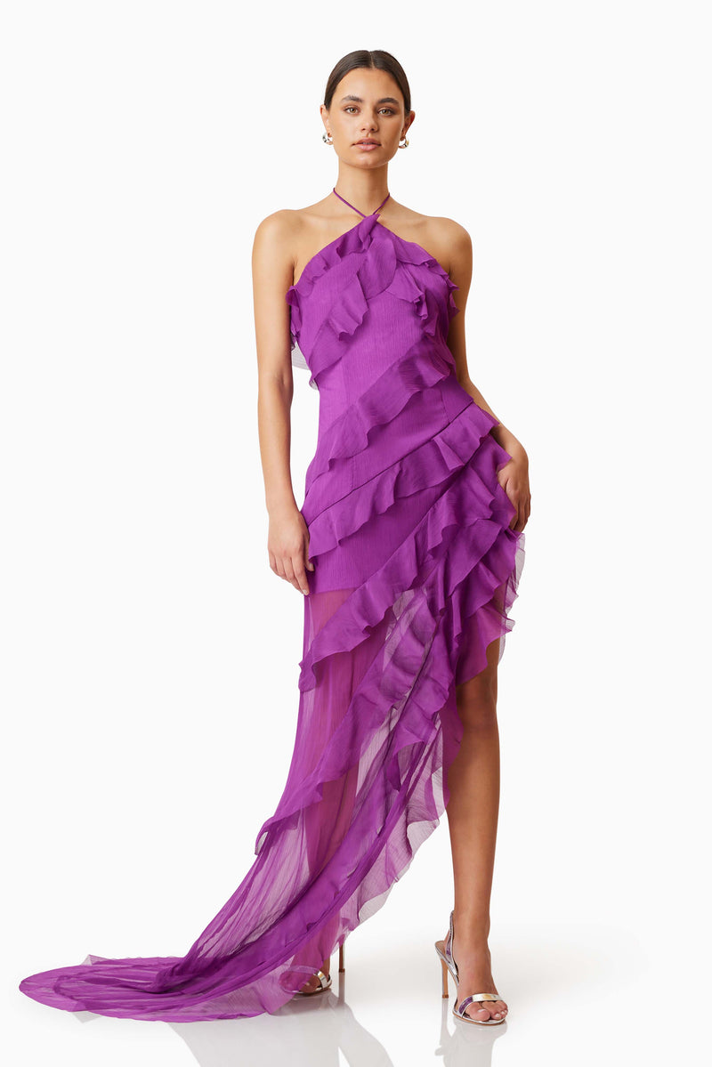 Model wearing Mia Halterneck Maxi Gown In Purple front shot