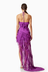 Model wearing Mia Halterneck Maxi Gown In Purple back shot