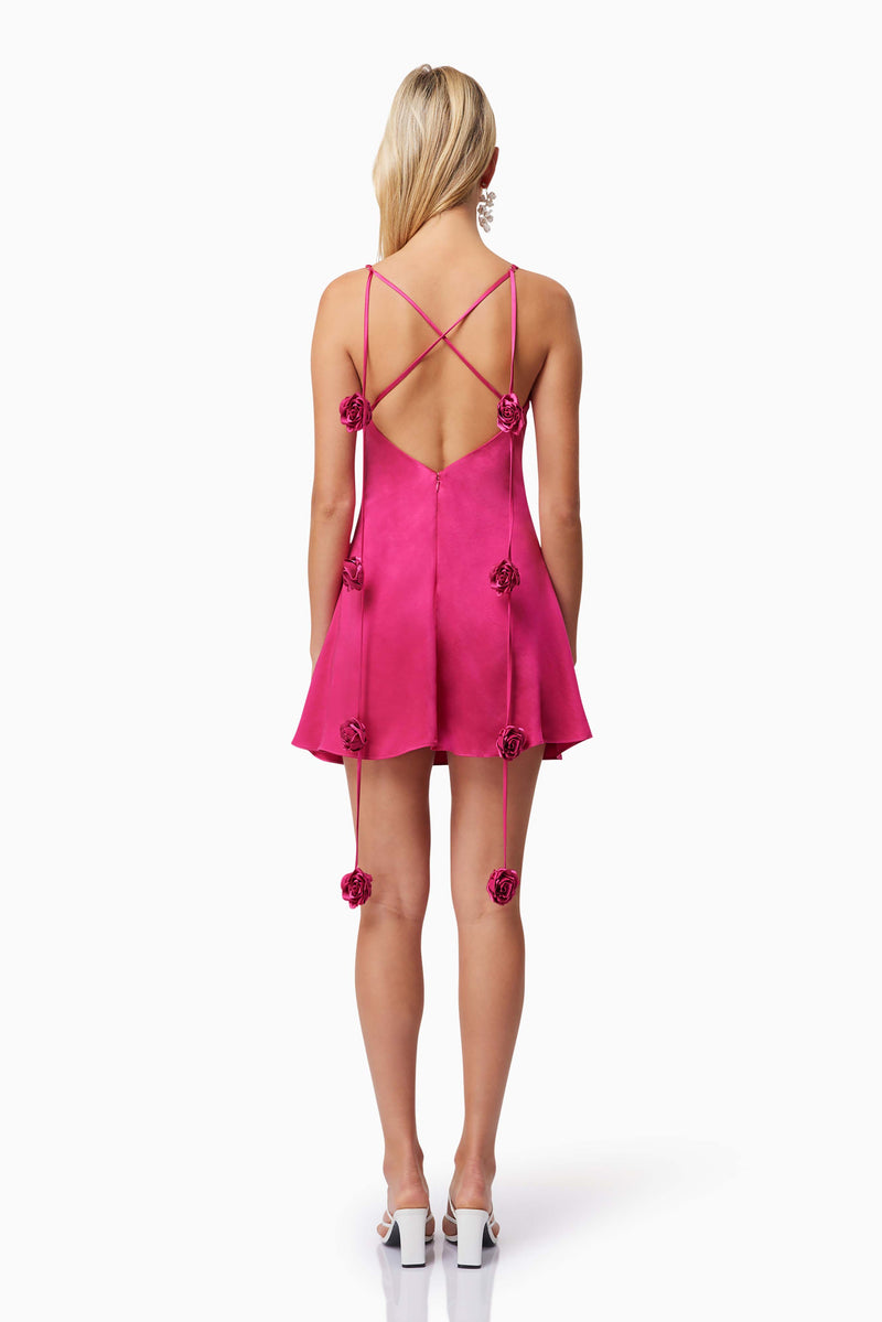 Model wearing Zinnia Cowl Neck Party Mini Dress In Pink back shot