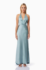 Blonde model wearing Zinnia Backless Satin Maxi Dress In Blue front shot