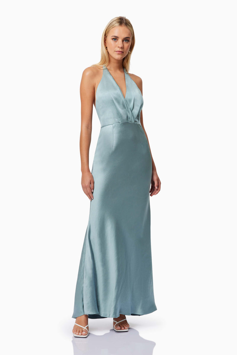 Blonde model wearing Zinnia Backless Satin Maxi Dress In Blue front shot