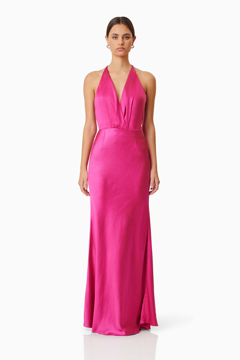 Model wearing Zinnia Backless Satin Maxi Dress In Pink front shot