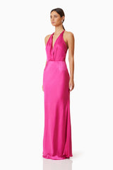 Model wearing Zinnia Backless Satin Maxi Dress In Pink side shot