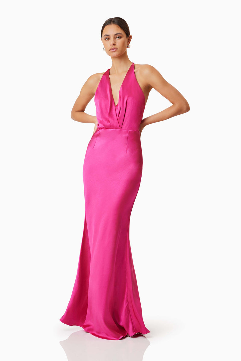 Model wearing Zinnia Backless Satin Maxi Dress In Pink front shot