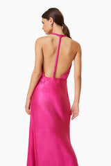 Model wearing Zinnia Backless Satin Maxi Dress In Pink back shot