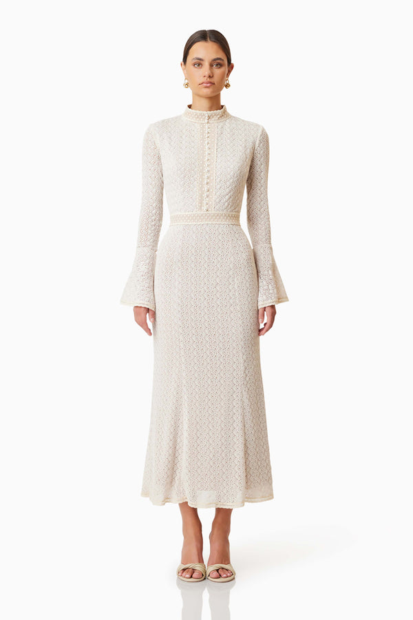 Bella Knit Crochet Midi Dress in White