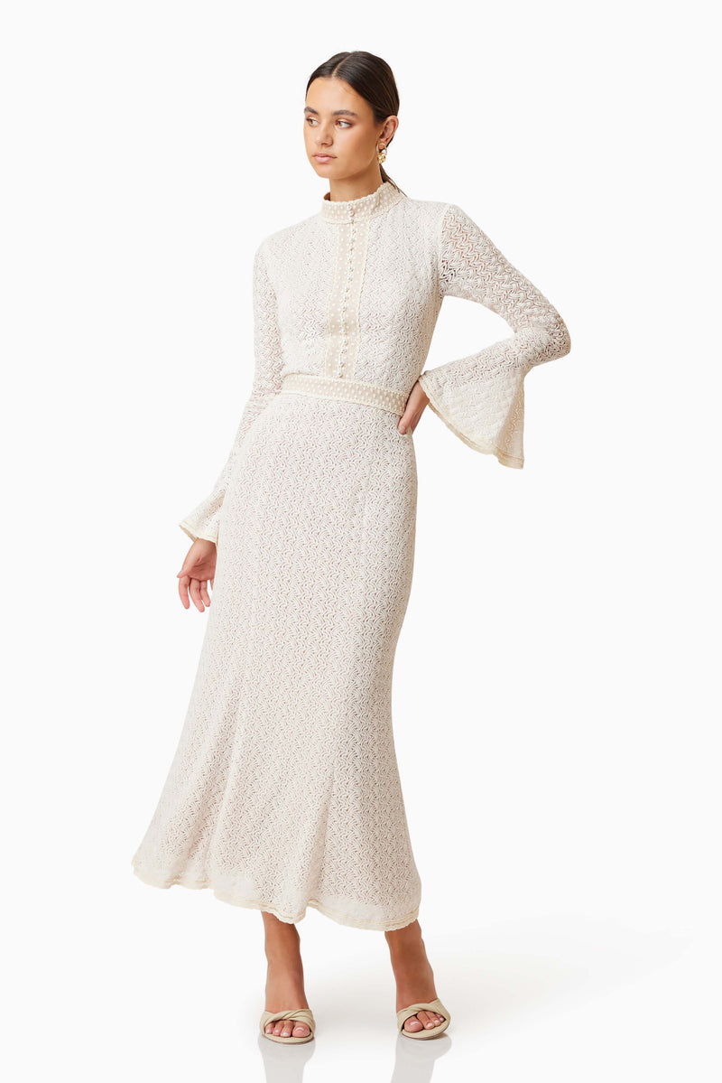 Bella Knit Crochet Midi Dress in White