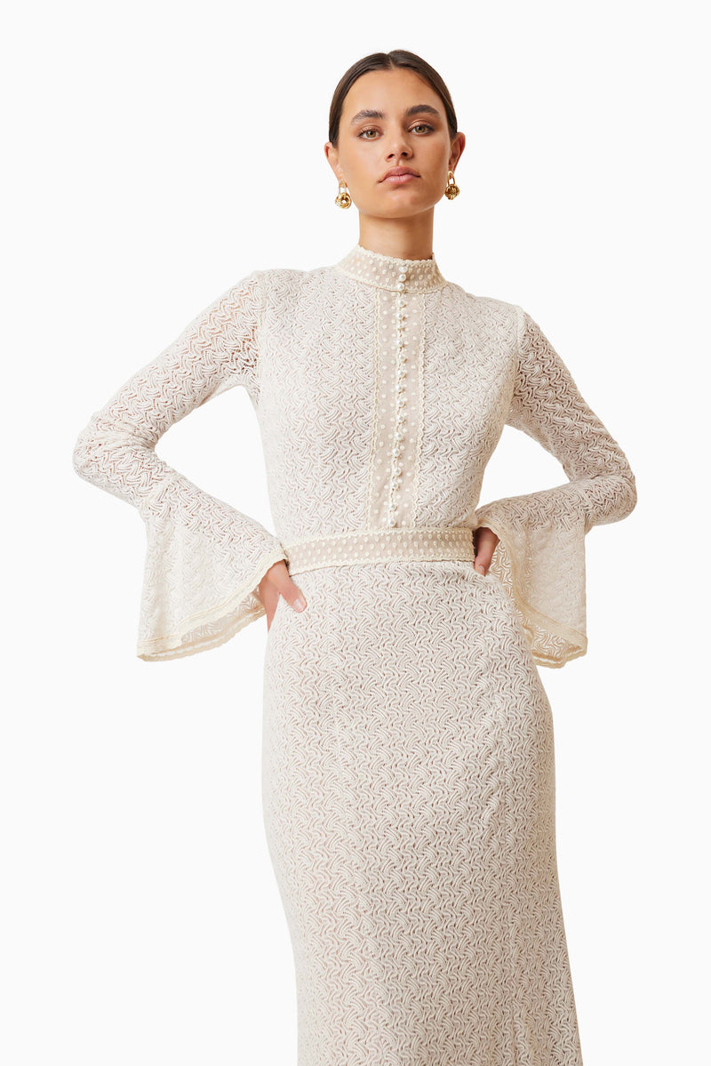 Bella Knit Crochet Midi Dress in White