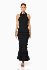 model wearing Theatrical high neckline maxi gown in black front shot