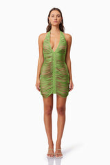 model wearing Stella Halter Neck Mini Dress In Green front shot