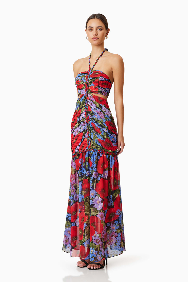 model is wearing Thea Cocktail Maxi Dress In Red side shot