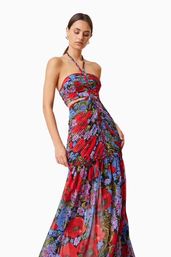 model is wearing Thea Cocktail Maxi Dress In Red side shot