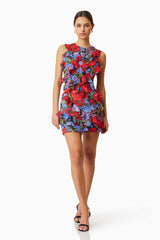 model is wearing Thea Mini Party Printed Dress In Red front shot