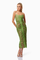 blonde model wearing Stella Strapless Midi Dress In Green front shot