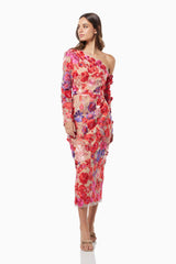 model wearing Electric one shoulder floral 3D maxi dress in multi front shot