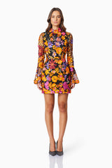 model wearing Alessandra Floral Longsleeve Mini Dress In Orange front shot