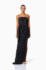 model wearing Megan Strapless Maxi Gown In Black front shot