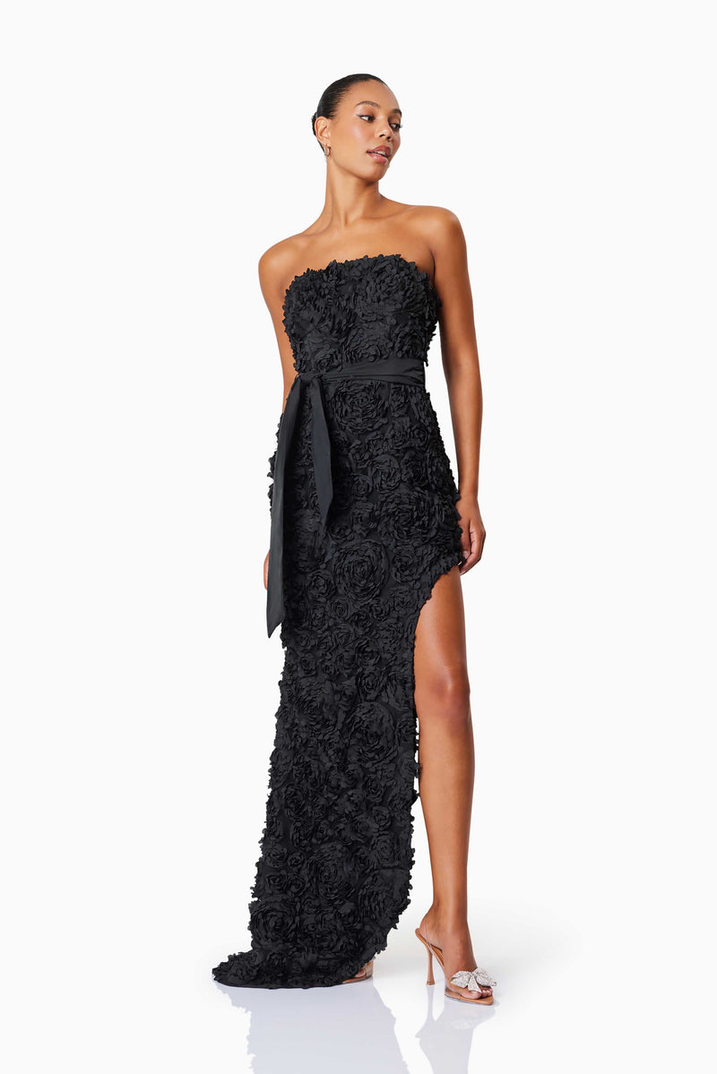 model wearing Megan Strapless Maxi Gown In Black front shot