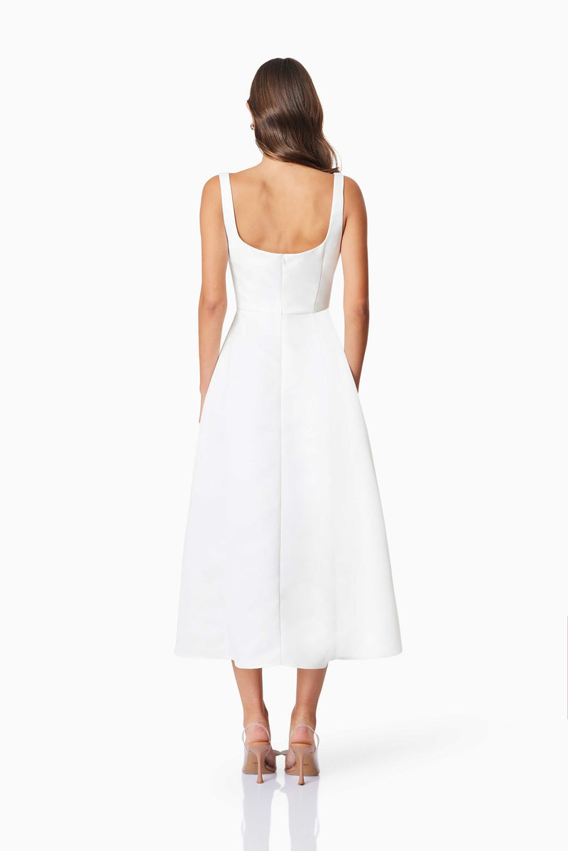 model wearing Alice Duchess Satin Midi Dress In White back shot