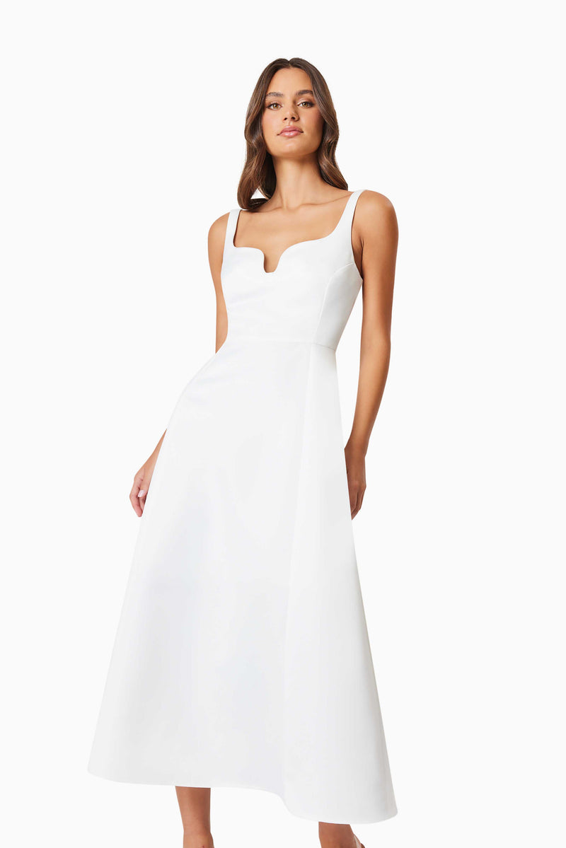 model wearing Alice Duchess Satin Midi Dress In White front shot