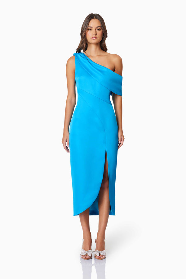 Brunette model wearing Alice Cocktail One Shoulder Midi Dress in Blue front shot 