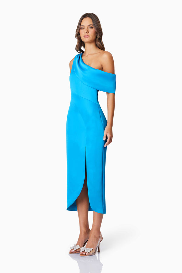 Brunette model wearing Alice Cocktail One Shoulder Midi Dress in Blue side shot