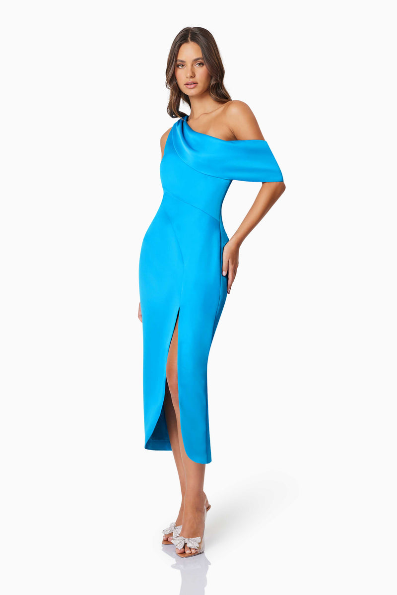 Brunette model wearing Alice Cocktail One Shoulder Midi Dress in Blue posed shot