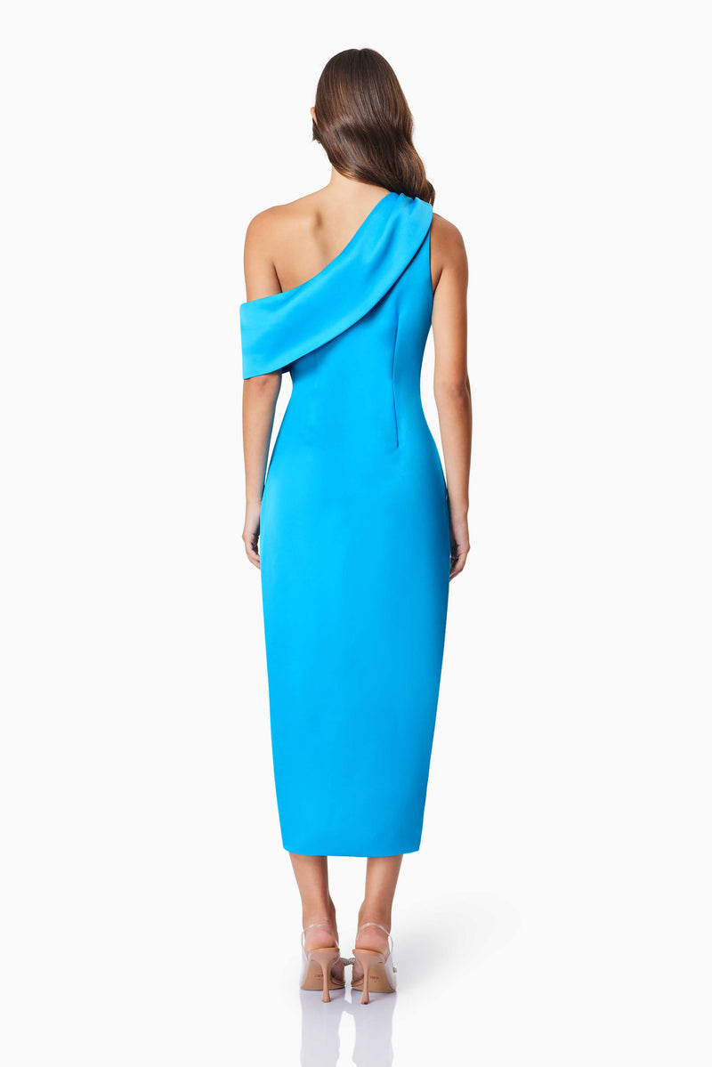 Brunette model wearing Alice Cocktail One Shoulder Midi Dress in Blue back shot