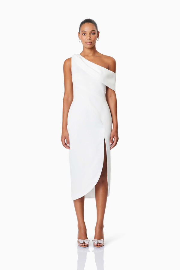 model wearing Alice One Shoulder Cocktail Midi Dress In White front shot