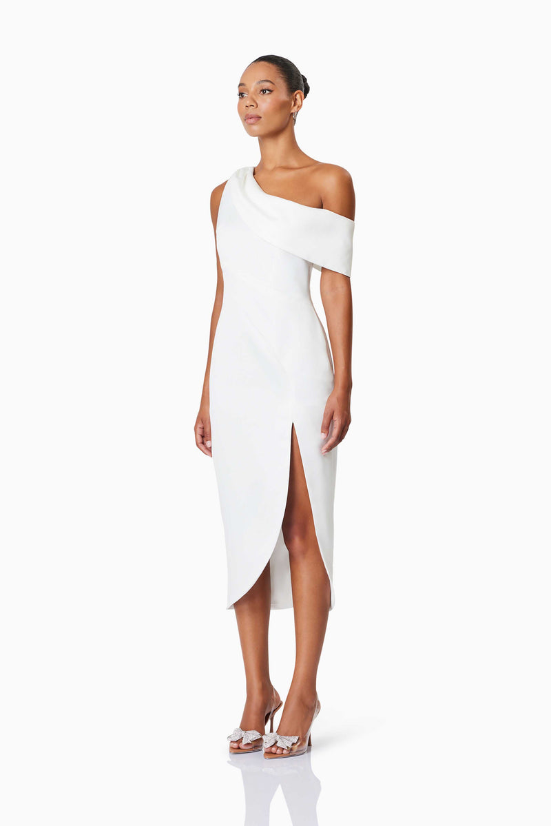 model wearing Alice One Shoulder Cocktail Midi Dress In White side shot