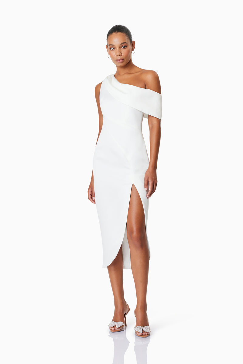 model wearing Alice One Shoulder Cocktail Midi Dress In White side shot