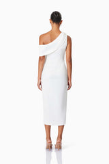 model wearing Alice One Shoulder Cocktail Midi Dress In White back shot