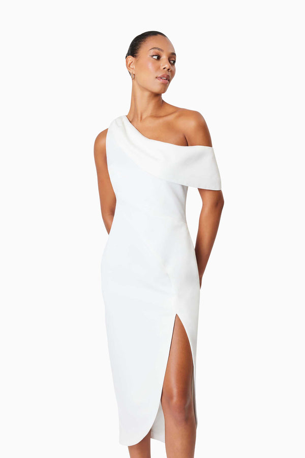 model wearing Alice One Shoulder Cocktail Midi Dress In White front shot