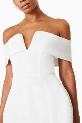 model wearing Alice Off The Shoulder Mini Party Dress in White close up shot