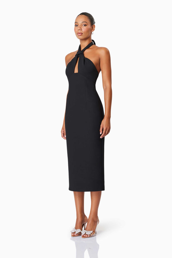 Victoria Bodycon Fitted Midi Dress in Black