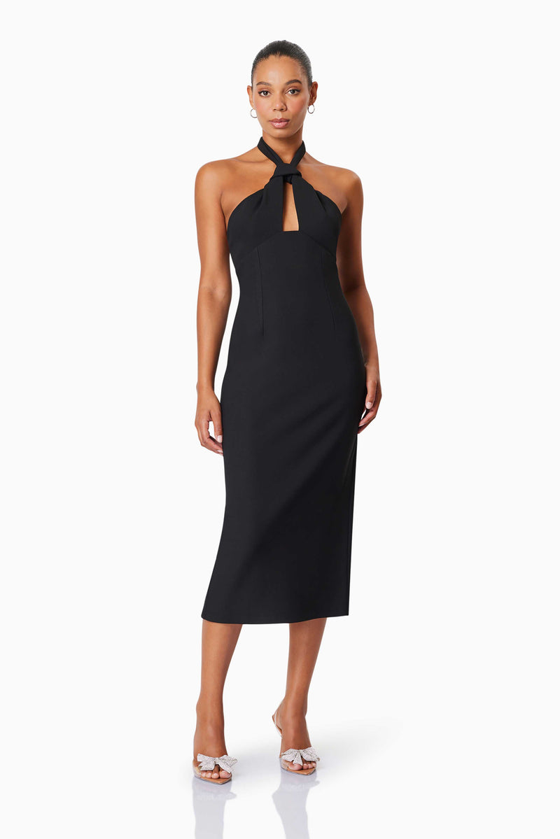 Victoria Bodycon Fitted Midi Dress in Black