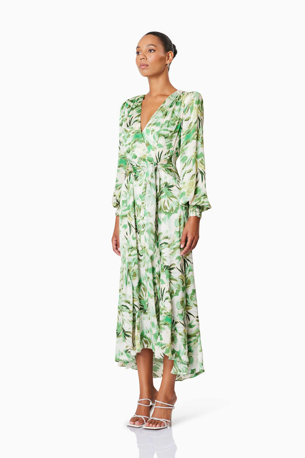 model wearing Georgia Long Sleeve Maxi Dress In Green side shot