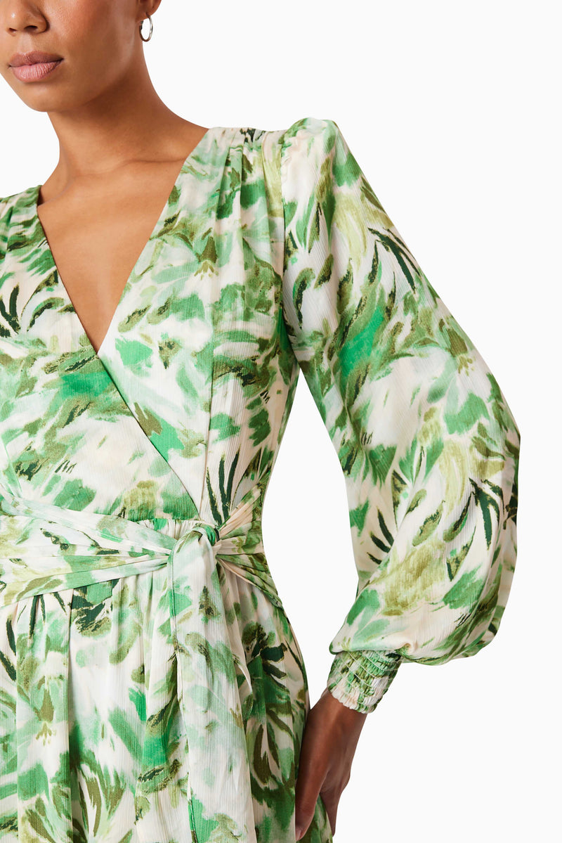 model wearing Georgia Long Sleeve Maxi Dress In Green close up shot