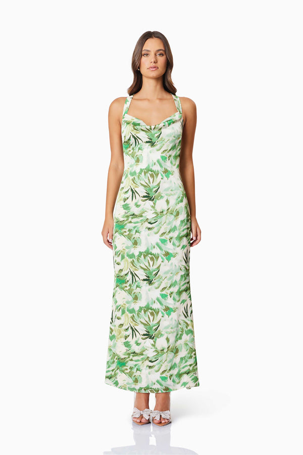 Brunette model wearing Georgia Cocktail Maxi Dress In Green front shot 