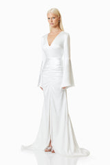 model wearing Clementine Eventwear Maxi Gown In White side shot