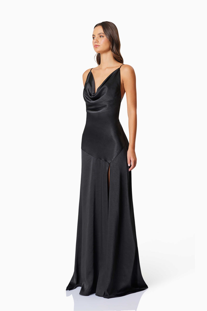 model wearing Clementine Cowl Neck Maxi Dress In Black side shot