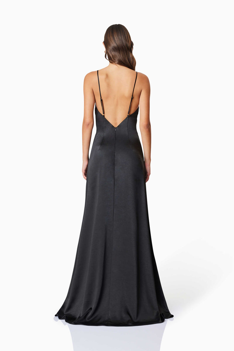 model wearing Clementine Cowl Neck Maxi Dress In Black back shot