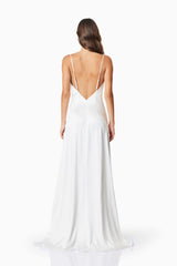 model wearing Clementine Cowl Neck Maxi Dress In White back shot