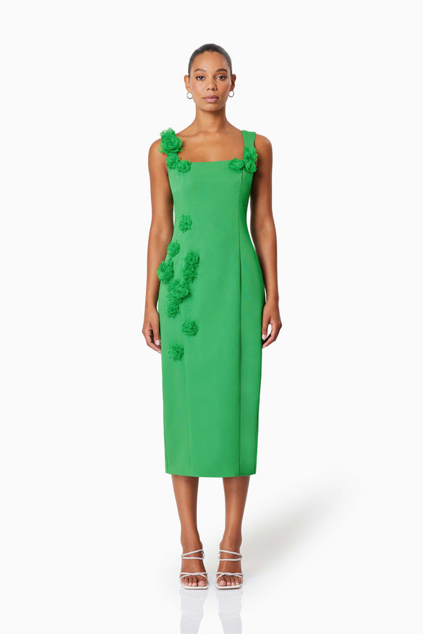 model wearing Valeria Eventwear Midi Dress In Green front shot