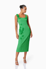 model wearing Valeria Eventwear Midi Dress In Green front shot