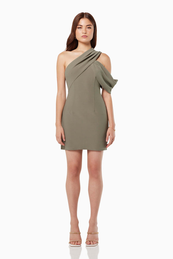 SYNTHESIZER ONE SHOULDER MINI DRESS IN OLIVE
